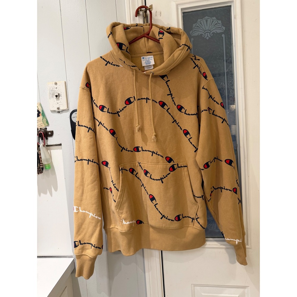 Champion Reverse Weave All Over Print Script Logo Hoodie Tan Camel Mens Large